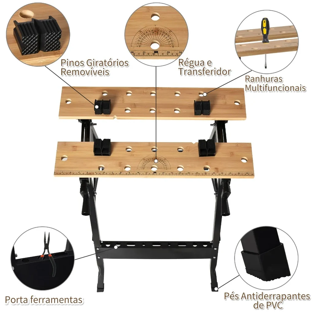 Bancada de Trabalho Dobrável Portátil Placas Ajustáveis em Ângulo e