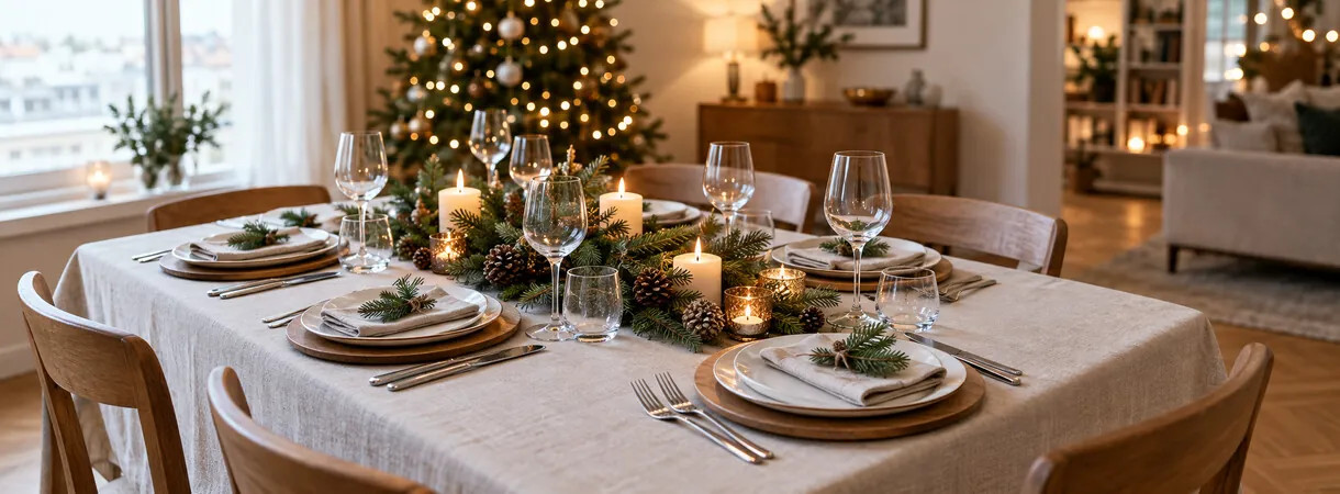 Mesa de Natal decorada: toalha, talheres e centro de mesa