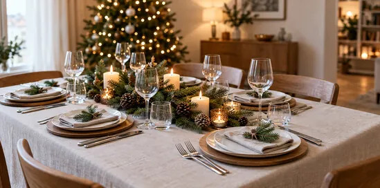 Mesa de Natal decorada: toalha, talheres e centro de mesa