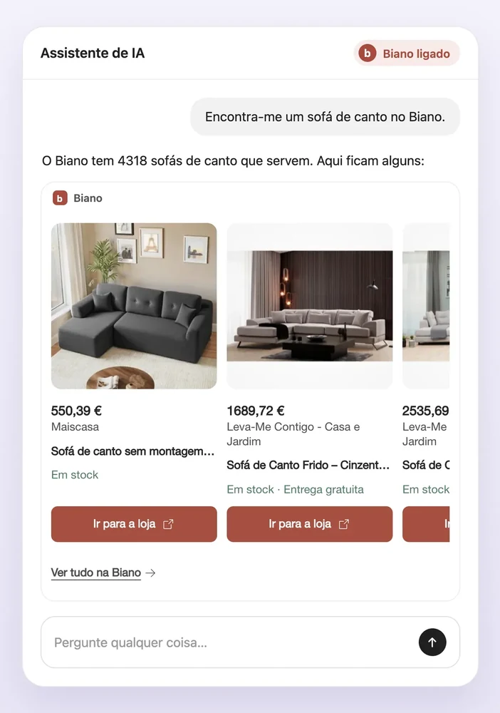 Biano no assistente de IA: cartões de sofás de canto com preço, loja e botão para a loja