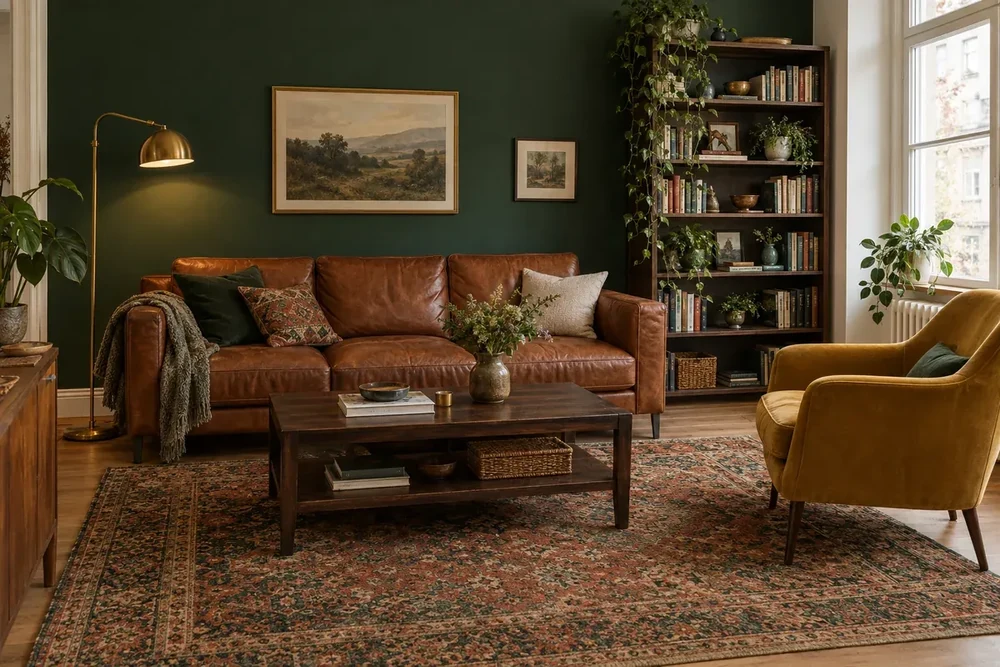 Sala com parede escura em verde-floresta, sofá de pele cor de conhaque e poltrona mostarda