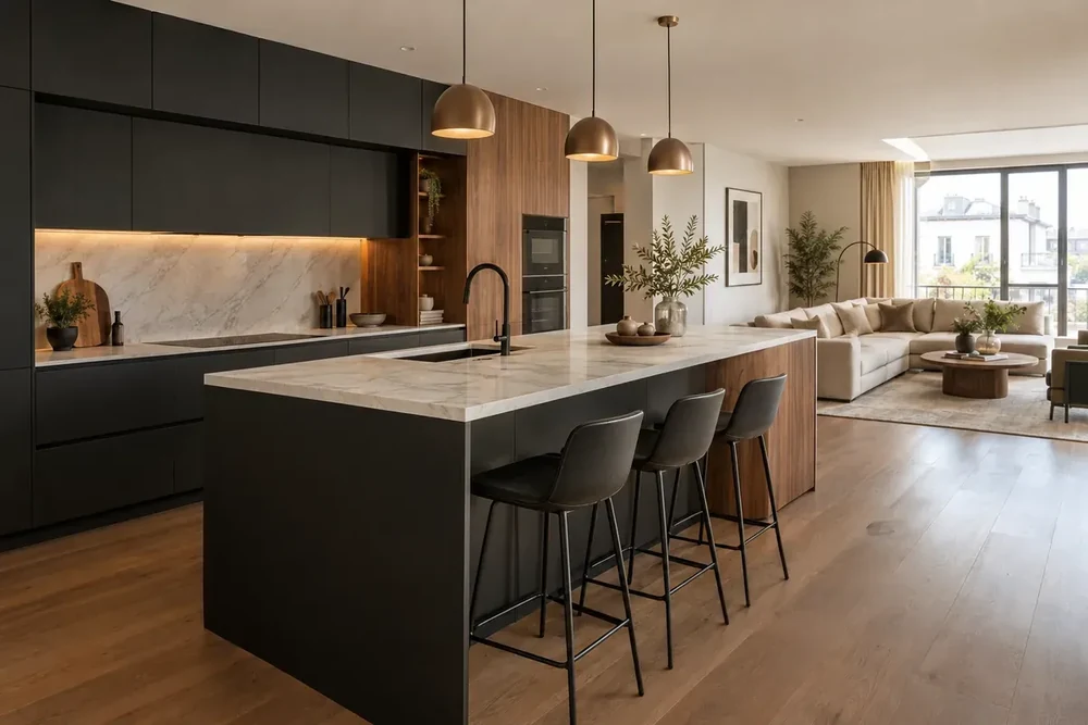 Cozinha escura mate com uma grande ilha, bancos altos e vista para a sala de estar