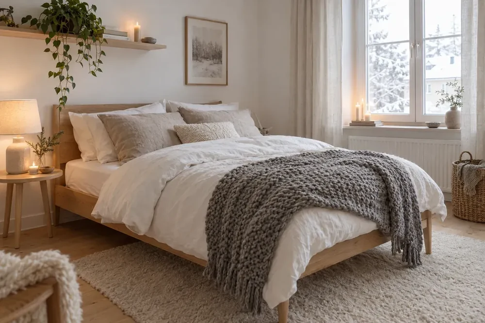 Quarto escandinavo com cama de carvalho, roupa de cama de linho, colcha cinzenta de malha e velas