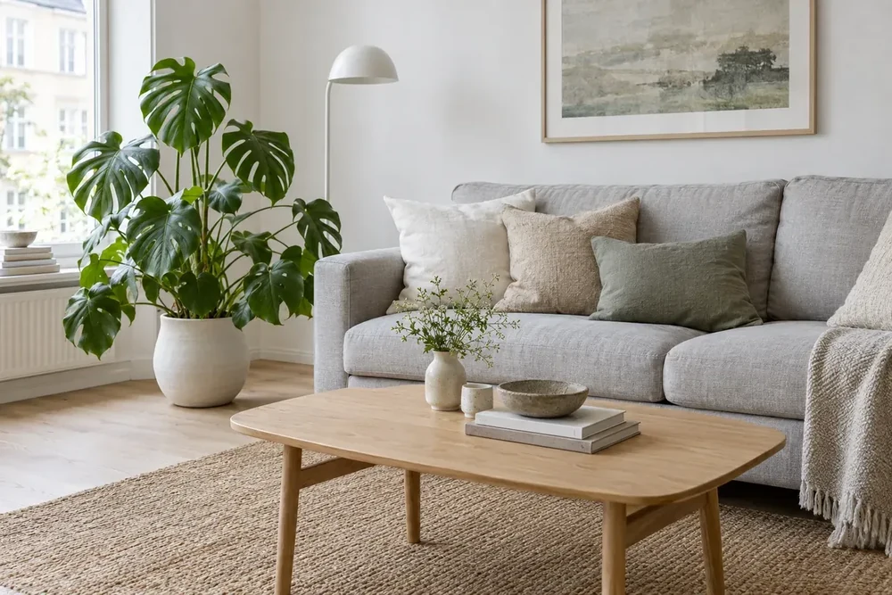 Sala escandinava com sofá cinzento-claro, mesa de centro de carvalho, tapete de juta e monstera