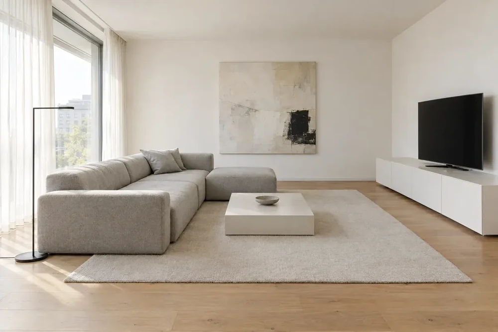 Interior minimalista com sofá modular cinzento, paredes brancas e móvel de televisão