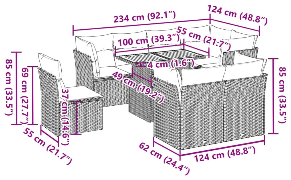 9 pcs conjunto de sofás p/ jardim com almofadões vime PE bege