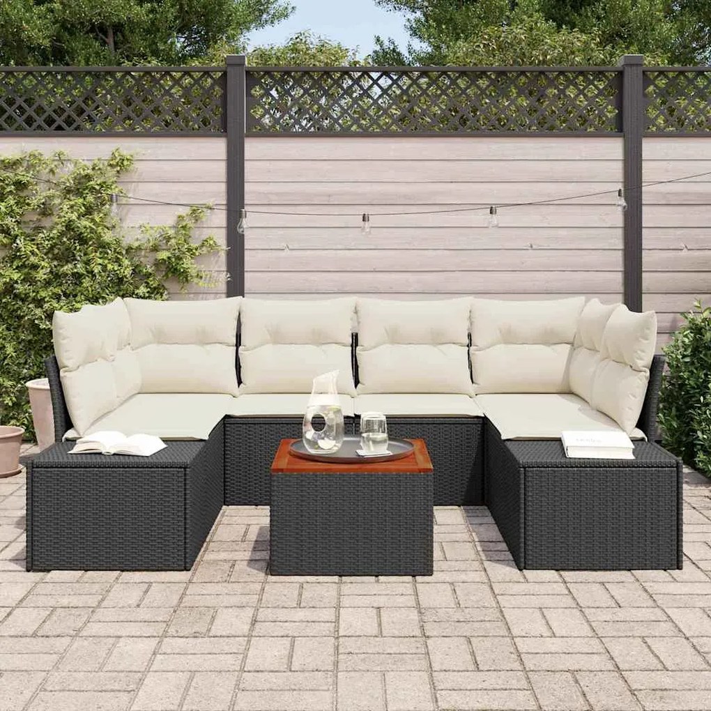 Conjunto de Sofá de Jardim de 7 Peças com Almofadas Pretas em Rattan S