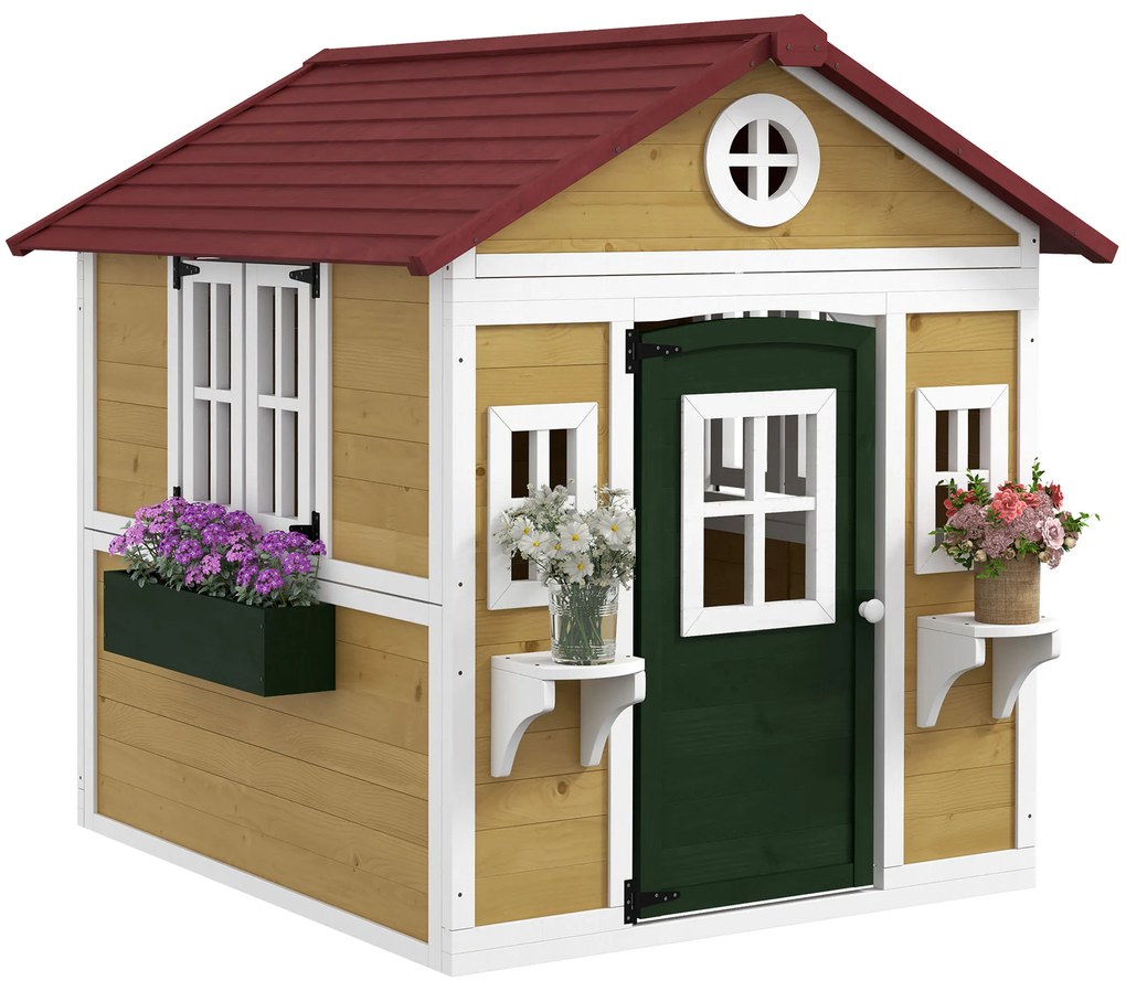 Casa de Madeira para Crianças Casa de Brincar Infantil para Jardim  com Porta Janelas e Floreiras 114x126,5x135 cm Multicor