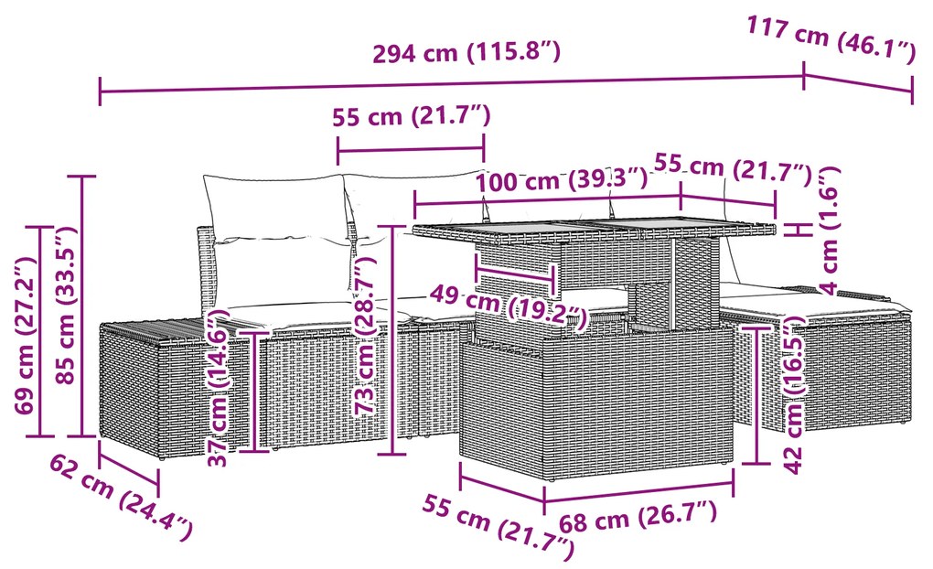 Conjunto de Jantar de 6 Peças com Almofadas Bege Rattan Acácia