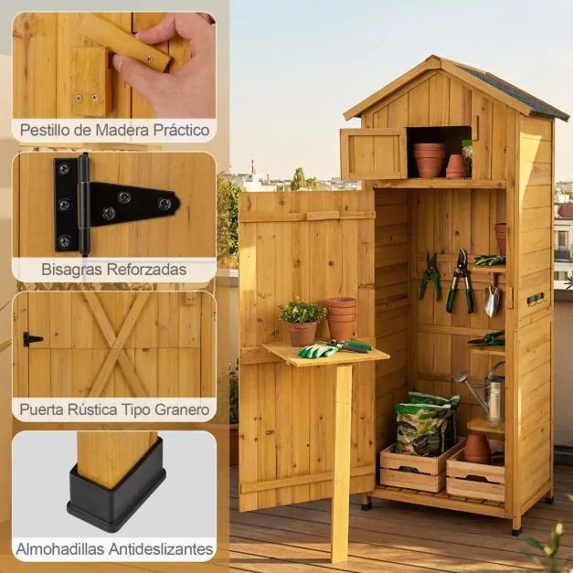 Abrigo, armario de jardim em madeira 76 x 51,5 x 178 cm com porta com fechadura, prateleiras removíveis, mesa lateral dobrável, telhado em asfalto Cas