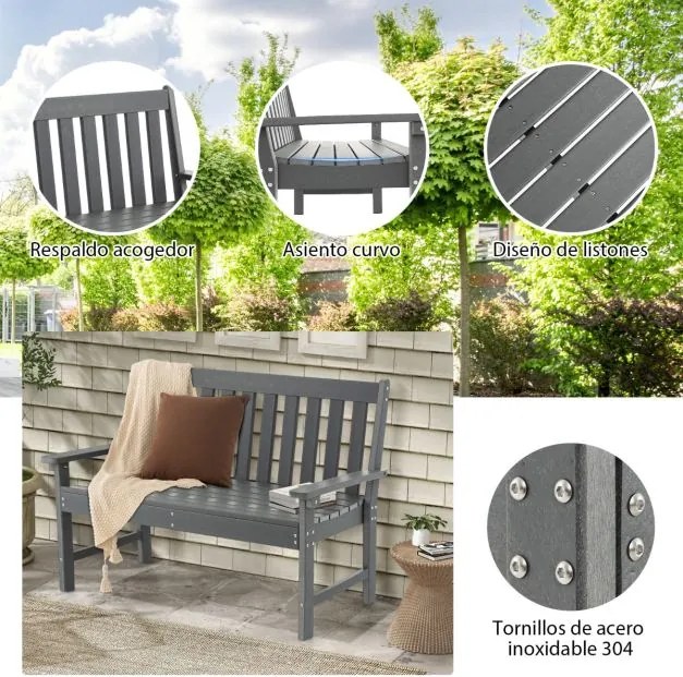 Banco de madeira Jardim PEAD com encosto e apoios de braços para terraço Varanda Resistente às intempéries para 2 pessoas 132 x 65 x 91 cm Cinzento