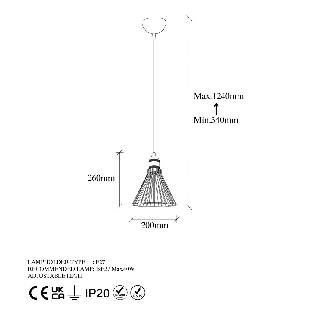 Candeeiro Chandelier Rozye – Preto Antigo – 20 x 20 x 34-124 cm
