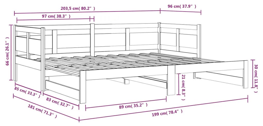 Estrutura sofá-cama de puxar 2x(90x200) cm madeira pinho maciça