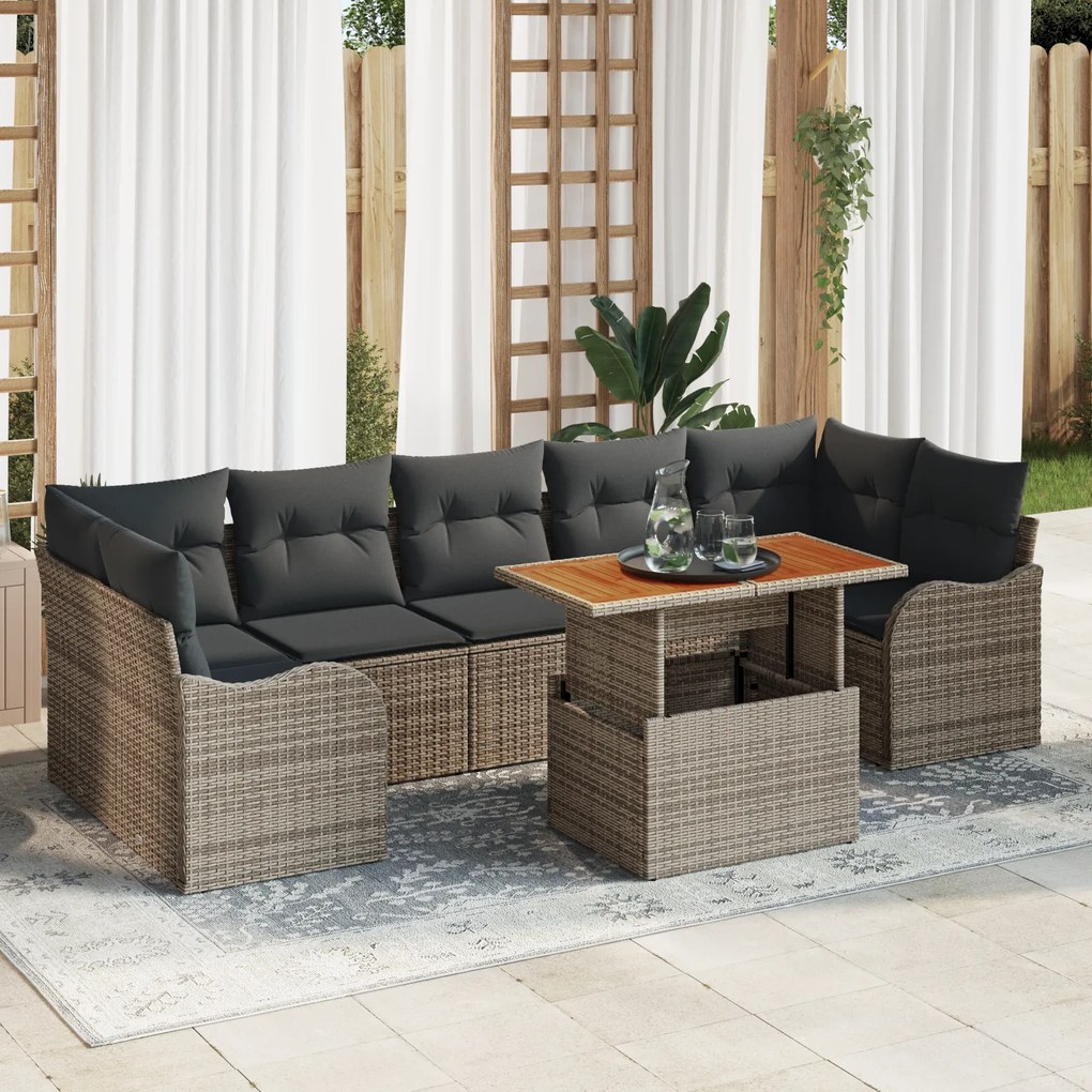 Conjunto de Sofá de Jardim de 8 Peças com Almofadas Cinza Rattan Poliéster