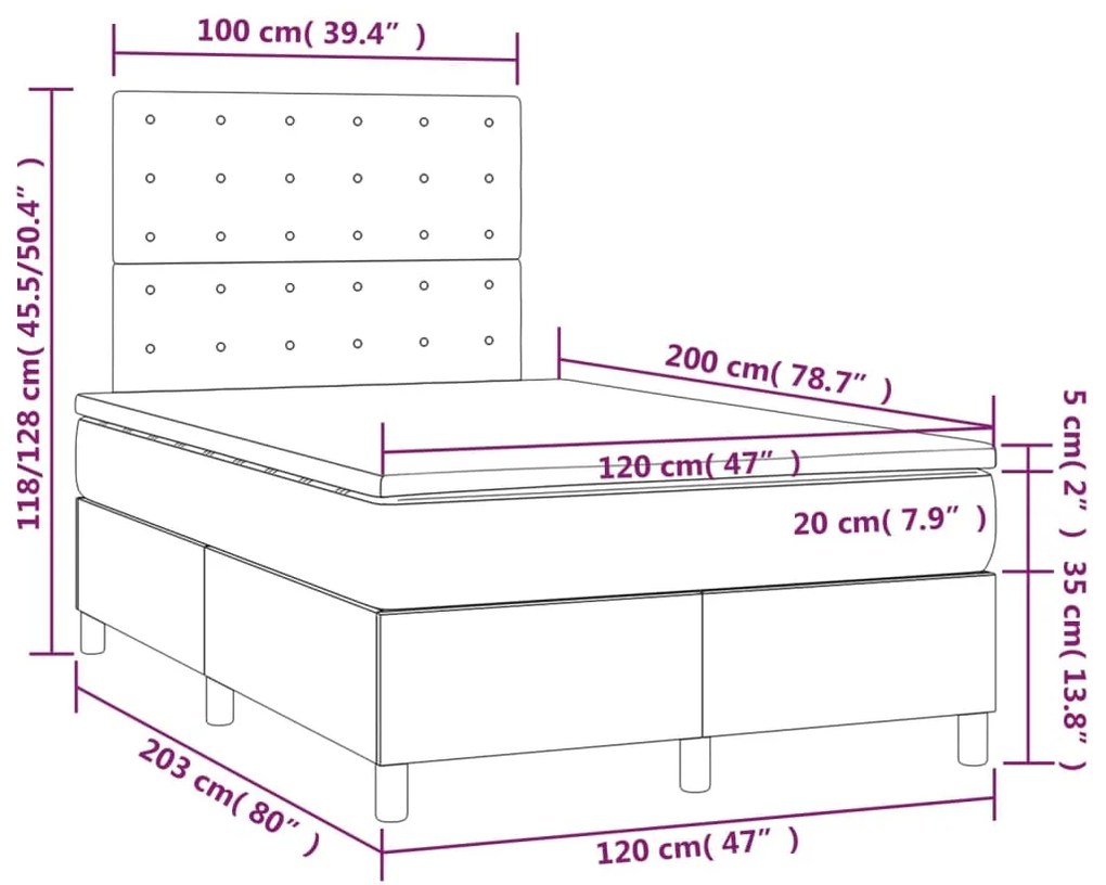 Cama box spring c/ colchão e LED 120x200 cm tecido cinza-claro