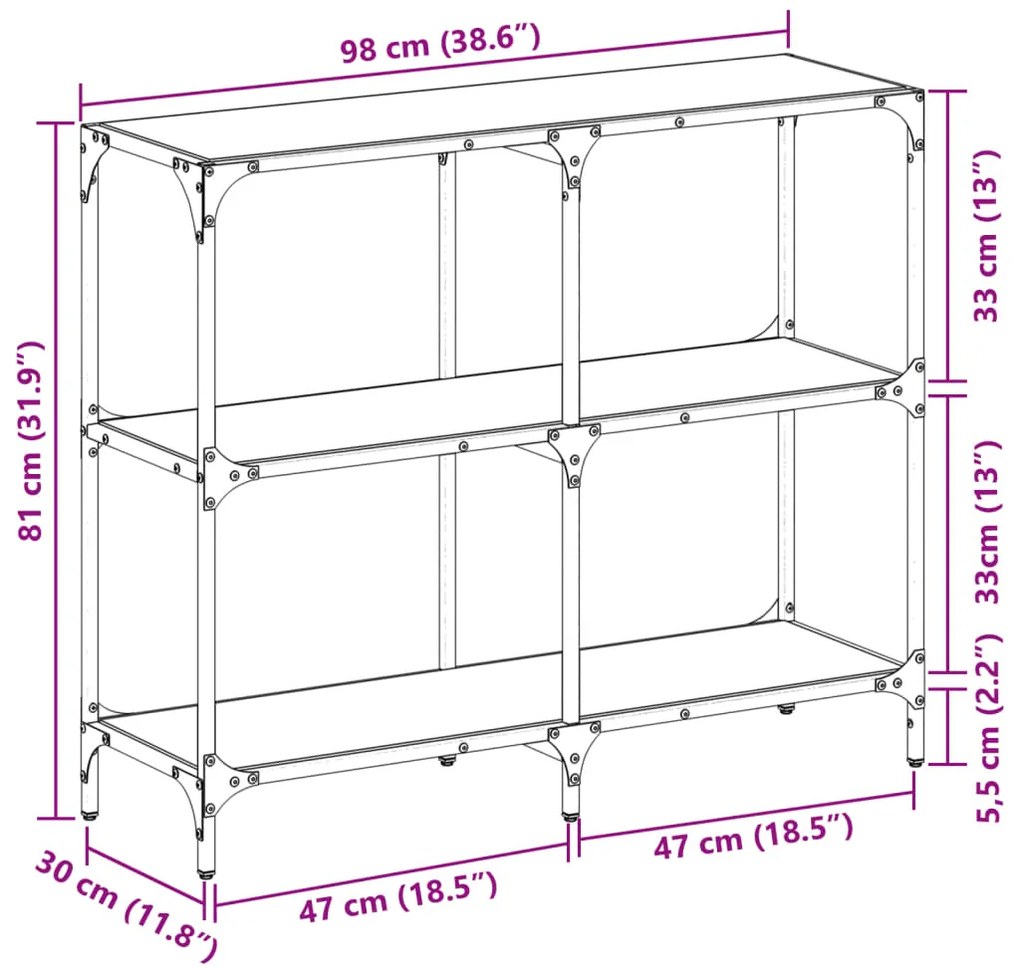 Mesa consola com tampo em vidro transparente 98x30x81 cm aço