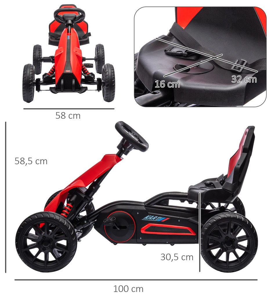 Kart a Pedais para Crianças com Assento Ajustável em 4 Posições, Travão de Mão e Rodas de EVA 100x58x58,5 cm Vermelho