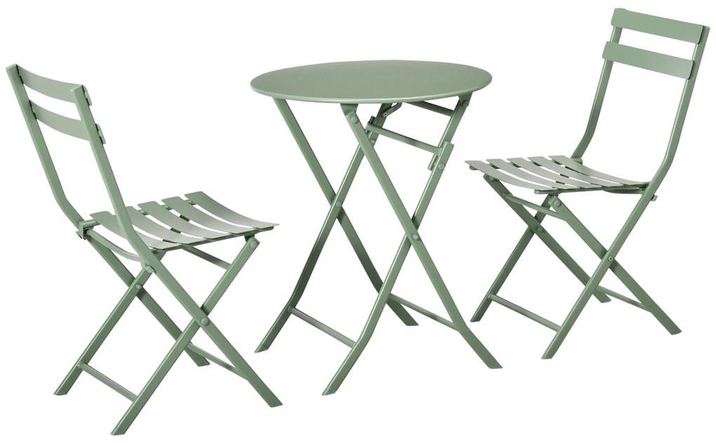 Conjunto de Móveis de Jardim Dobráveis Conjunto de 1 Mesa Redonda e 2 Cadeiras de Varanda com Estrutura de Aço Verde Escuro