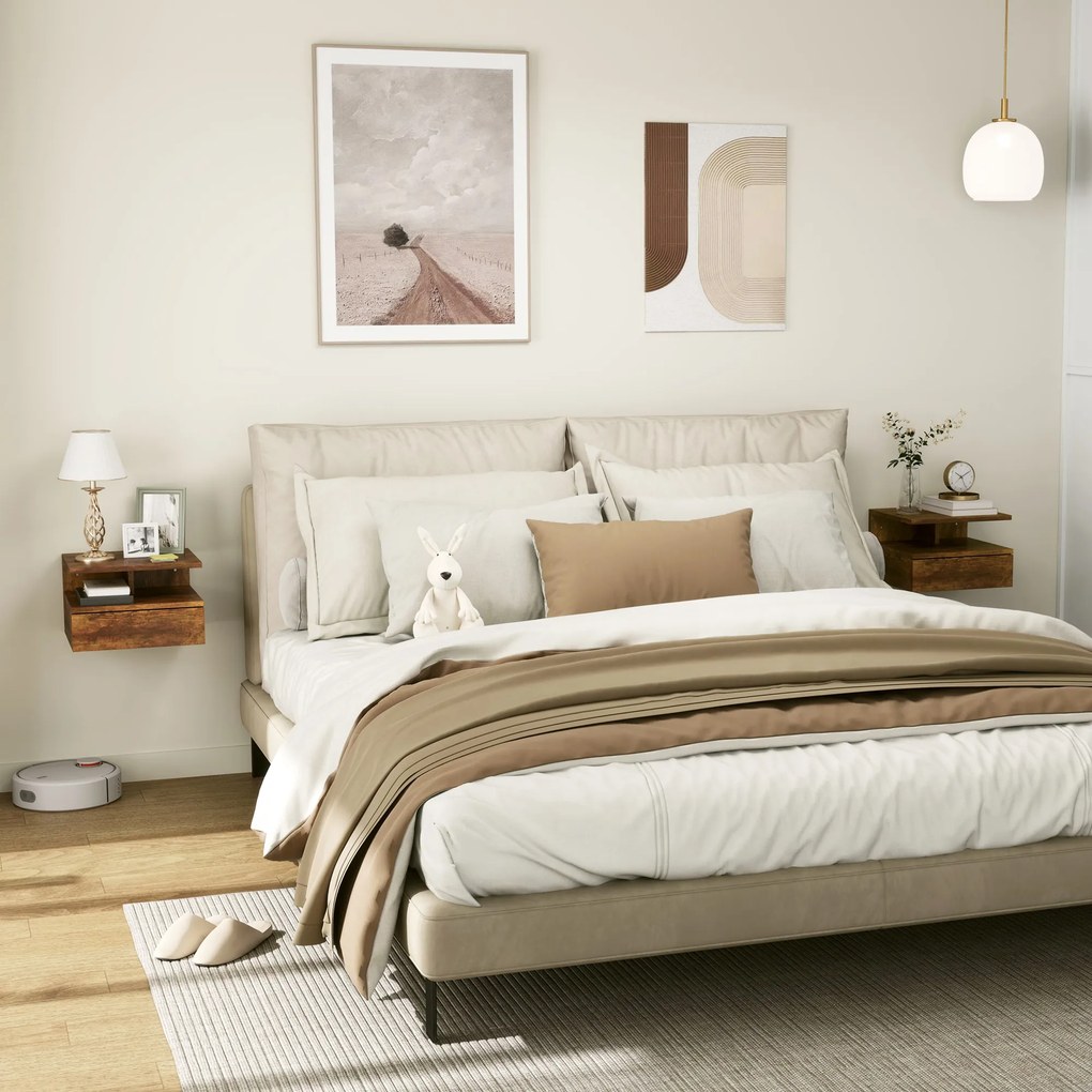 Conjunto de 2 Mesas de Cabeceira Flutuantes com Gaveta e Prateleira Aberta para Sala de Estar, 35x32x22,5 cm Castanho Rústico