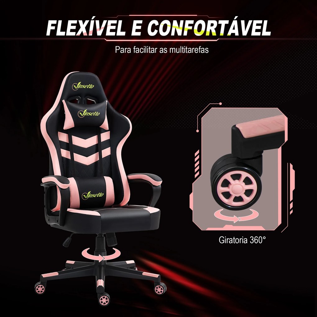 Cadeira Gaming com Altura Regulável Basculante Apoio de Cabeça e Almofada Lombar 61x70x121-129 cm Rosa e Preto