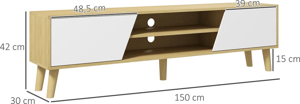 Móvel de TV com 2 Portas e 2 Estantes para Televisores de até 65 Polegadas 150x30x42 cm Madeira e Branco