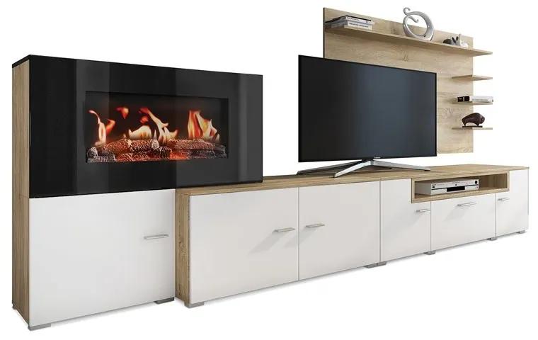 Mobiliário de sala de estar/jantar com lareira eléctrica com 5 níveis de chama, branco mate e acabamento escovado de carvalho claro, medidas: 290x170x