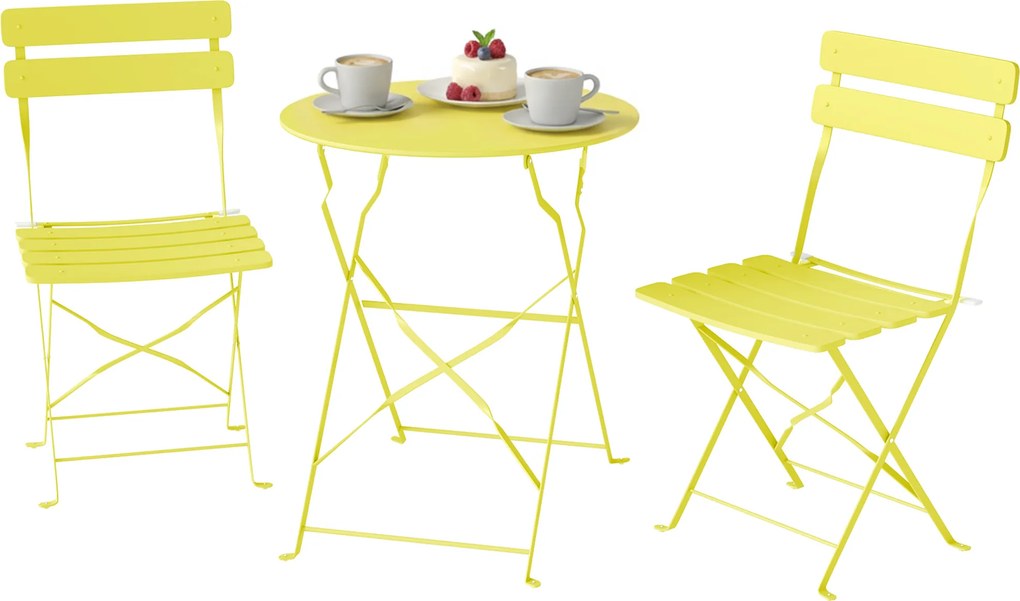 Conjunto de jardim de 3 peças: mesa e 2 cadeiras dobráveis com ripas, dupla proteção antiferrugem, cor amarela