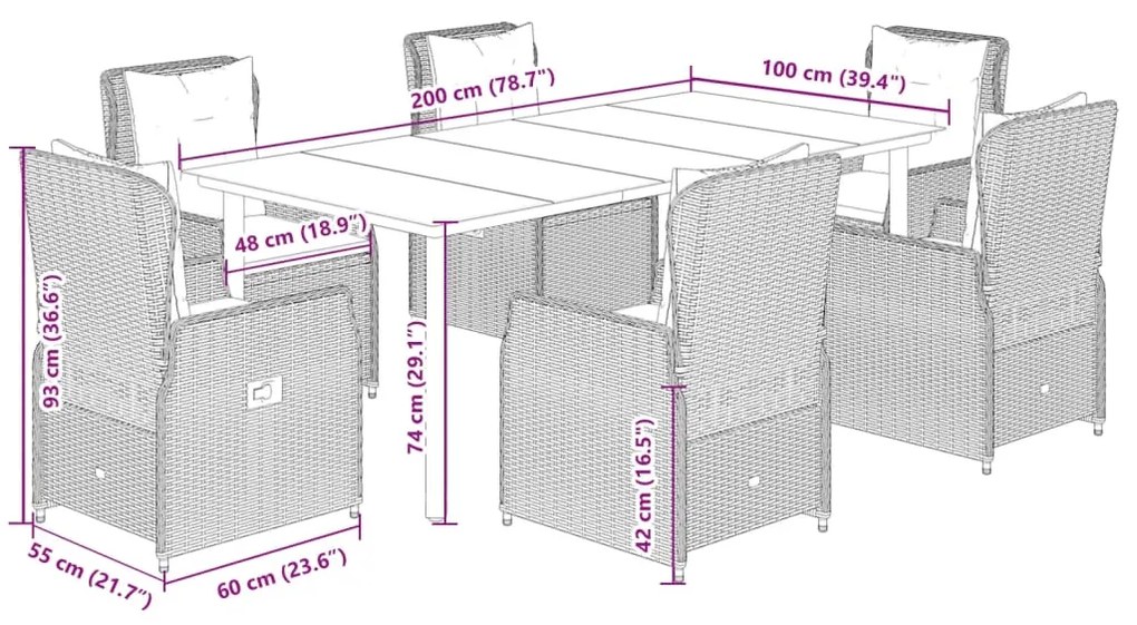 7 pcs conj. jantar p/ jardim c/ almofadões vime PE cinza-claro