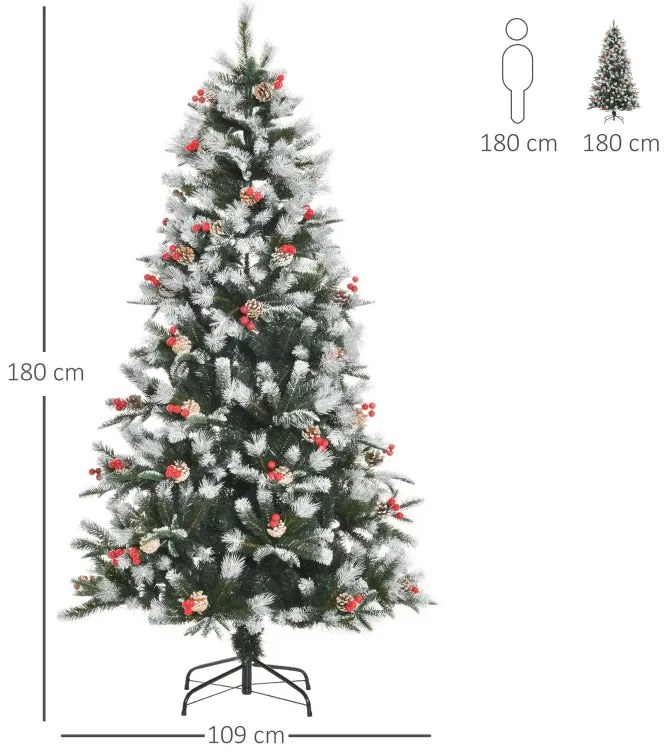 HOMCOM Árvore de Natal Artificial 180cm com 678 Ramas 53 Pinhas e 53 F