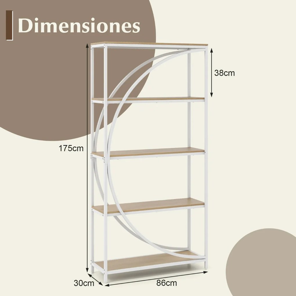 Estante de 5 níveis 86 x 30 x 175 cm com prateleiras de armazenamento abertas branco e Natural