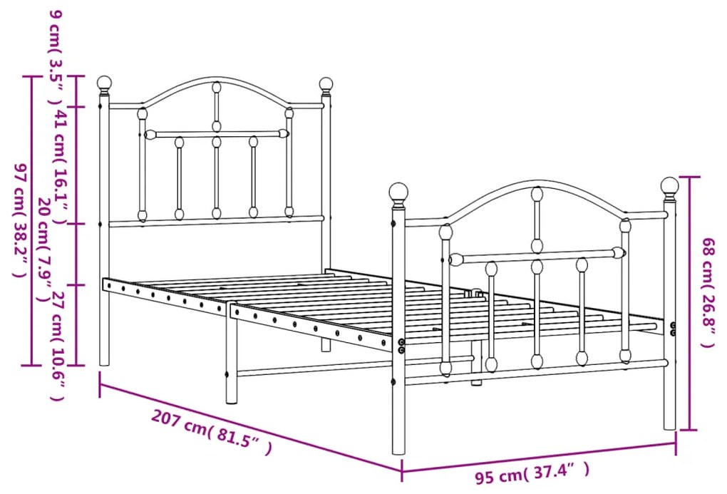 Estrutura de cama com cabeceira e pés 90x200 cm metal branco