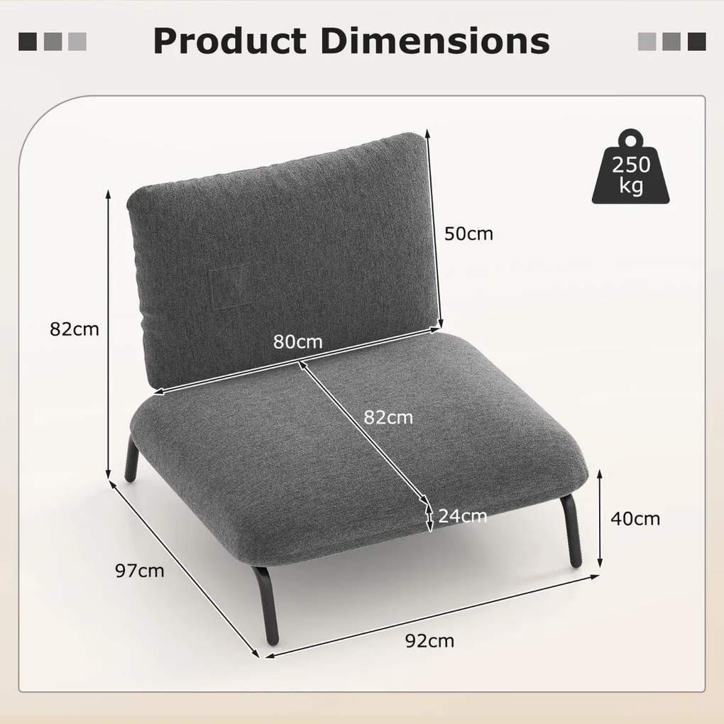 Poltrona d tamanho grande confortável para sala de estar com assento extra largo e profundo Bolso de armazenamento Estrutura metálica cinzenta