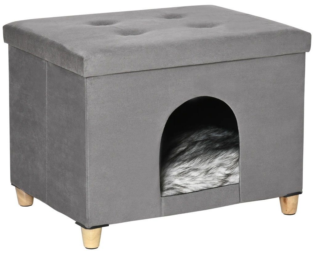 Caverna para Gatos Dobrável 2 em 1 Banco para Apoio dos Pés com Tampa Removível Orifício 60x45x44,5cm Cinza