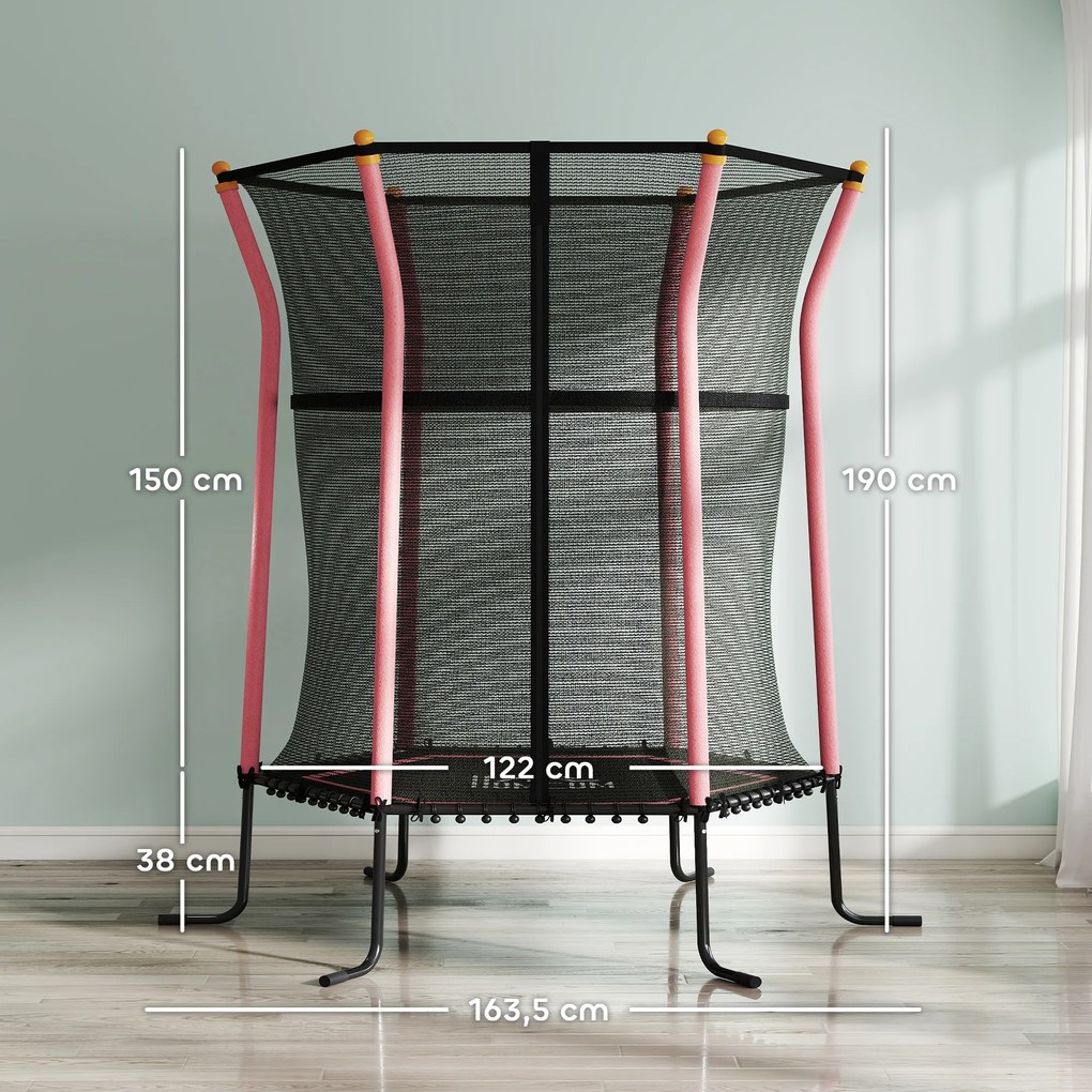 Cama elástica para crianças Ø 1,63 x 1,9 m com rede de segurança, porta com fecho de correr e 6 postes almofadados incluídos, rosa e preto