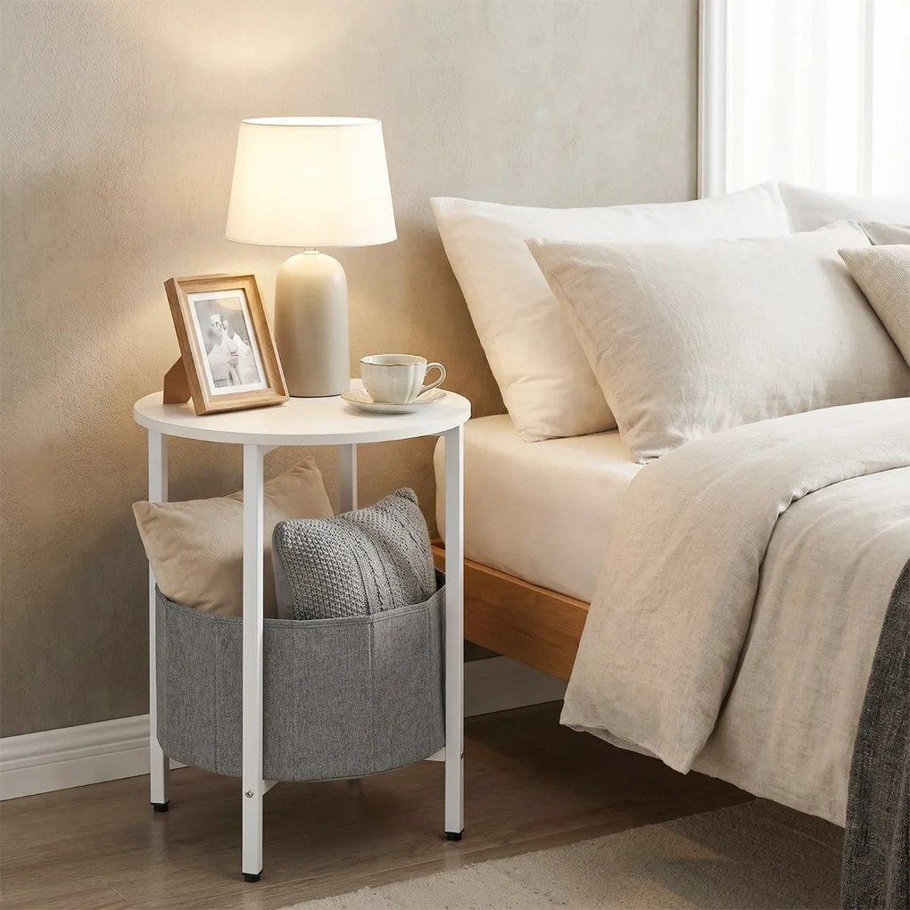Mesa apoio redonda 44 x 60,5 cm para espaços pequenos de dois níveis com cesto de tecidoEstrutura metálica para sala de estar e quarto cinzenta