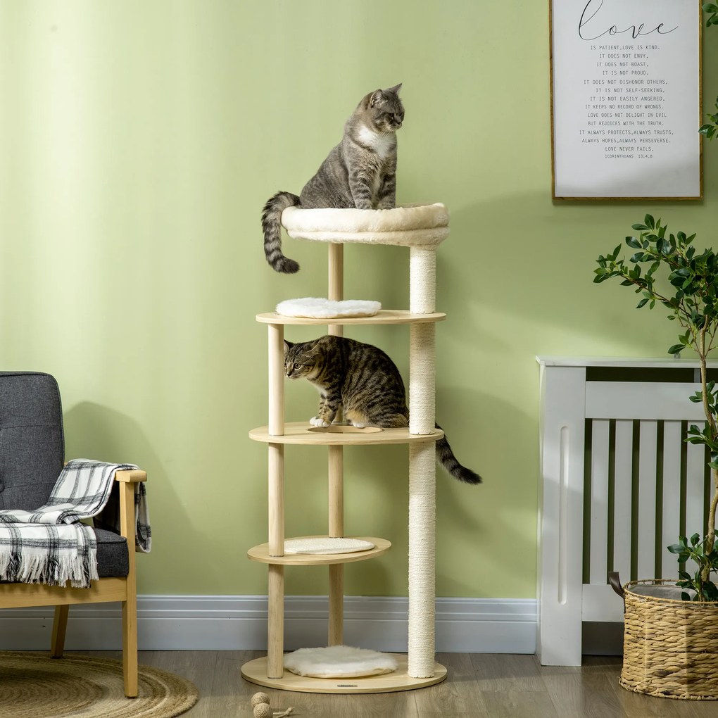 Arranhador para gatos com arranhador, postes de sisal, almofada removível, plataforma de pelúcia e madeira, altura 123,5 cm, bege