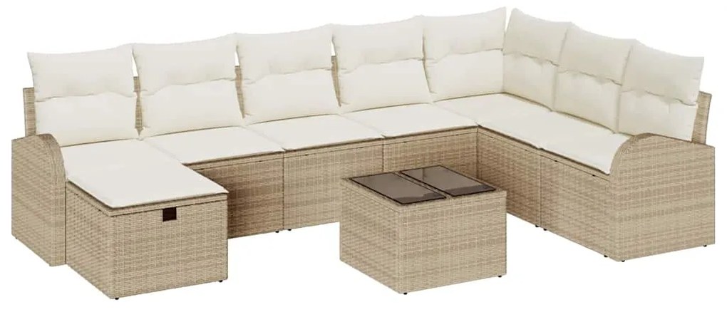 Conjunto de Sofá de Jardim 9 Peças com Almofadas Bege de Rattan.