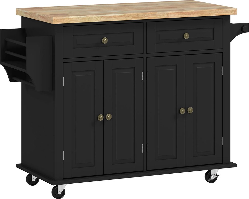 HOMCOM Ilha de Cozinha com Rodas 2 Gavetas 4 Portas Suporte para Temperos e Barra Lateral 111x44,5x82,5 cm Preto e Madeira | Aosom Portugal