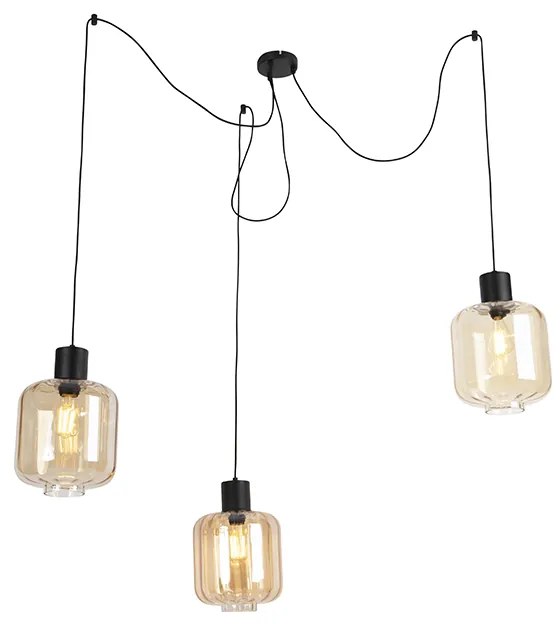 Candeeiro de suspensão design preto com vidro âmbar 3 luzes 226 cm - Qara Design