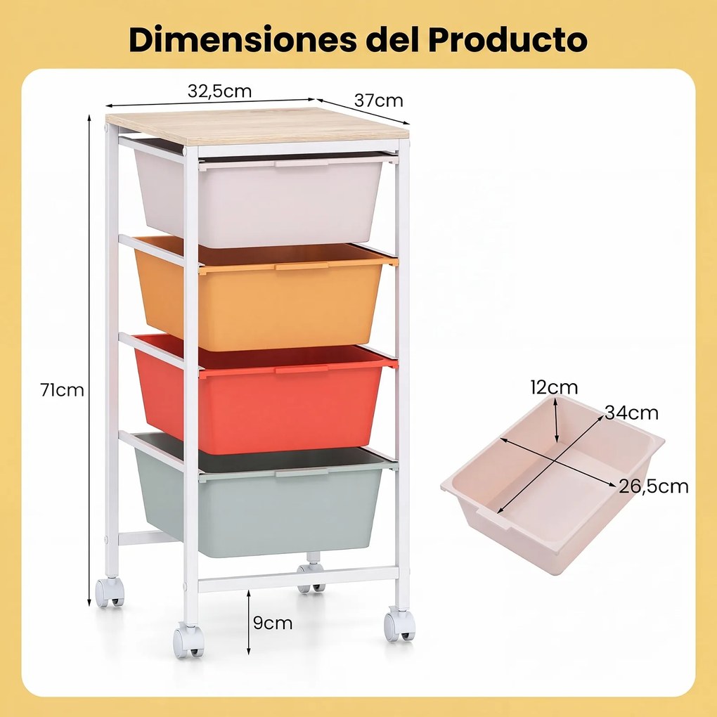 Carrinho Organizador com 4 Gavetas, 32,5 x 37 x 71 cm, Gavetas Removíveis, Multicolor