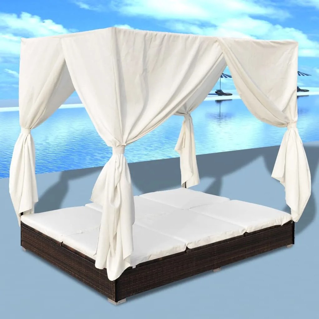 vidaXL Espreguiçadeira de exterior com cortinas vime PE castanho