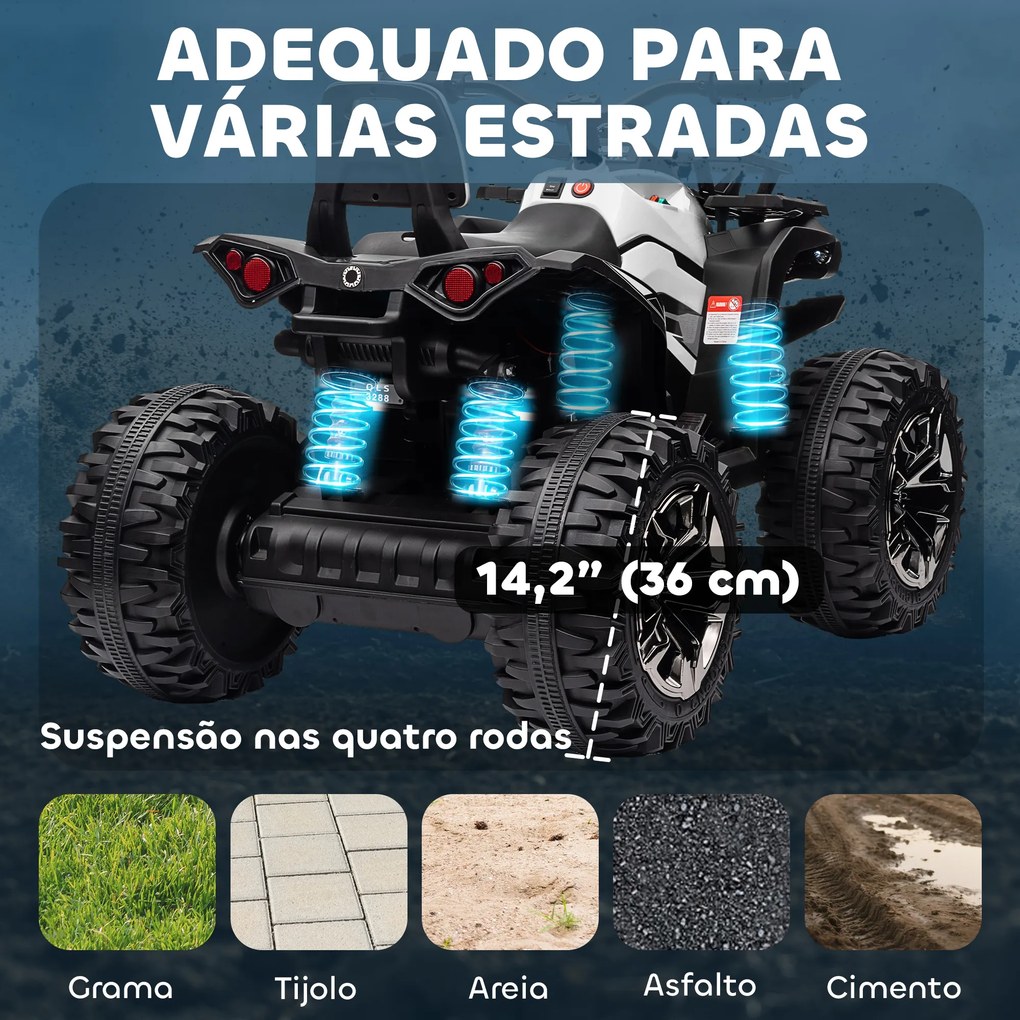 Moto 4 Elétrica 12V para Crianças com Farol Música Pneus de Suspensão Botões Avance e Retrocesso 100x65x73cm Branco