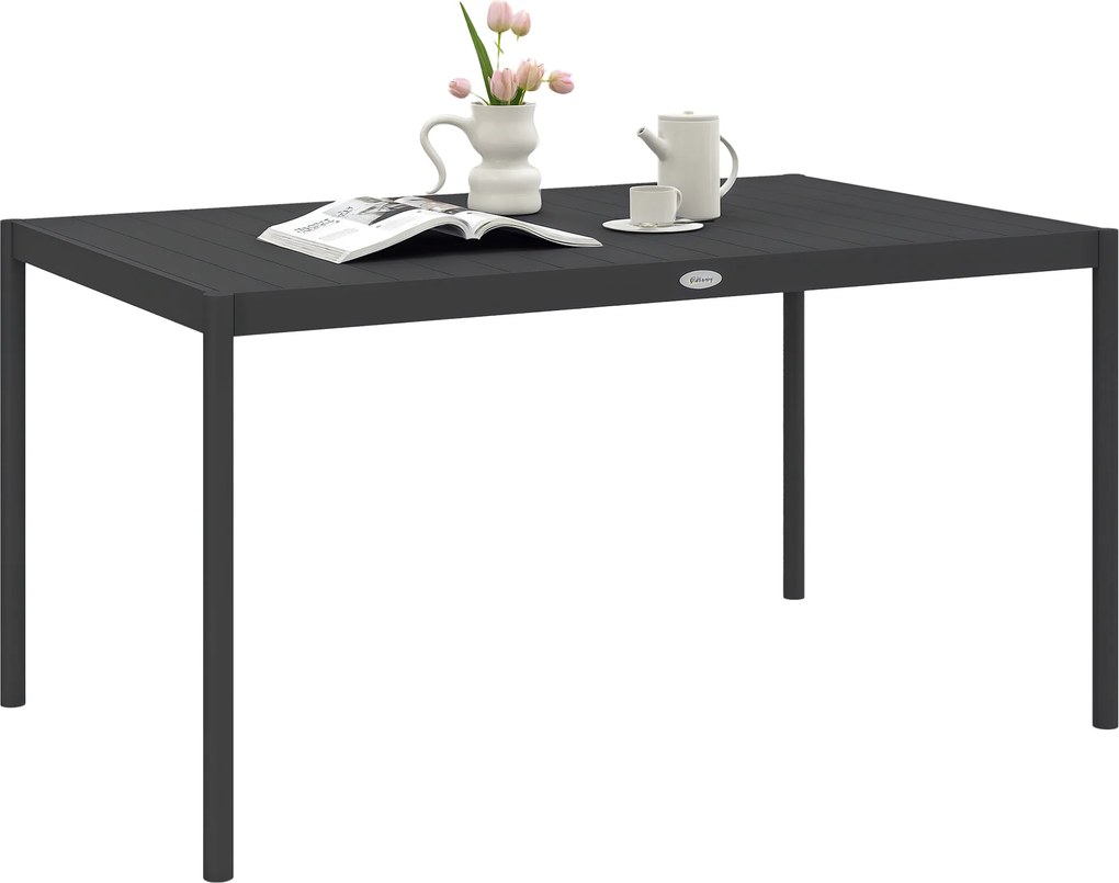 Mesa de jardim retangular para 6 pessoas em alumínio, com tampo de ripas, 145 x 90 x 74 cm, cinzenta