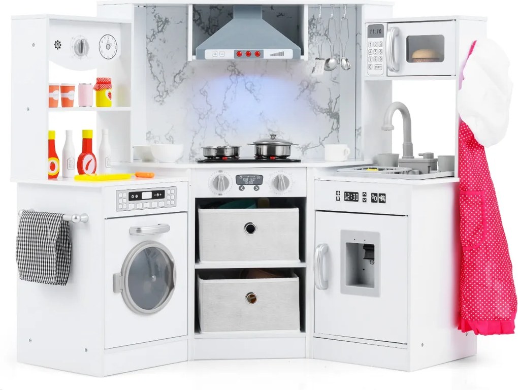 Cozinha Brincar de madeira para crianças 102 x 51 x 85 cm com luzes e sons, exaustor iluminado, sistema de água com dispensador e máquina de lavar par