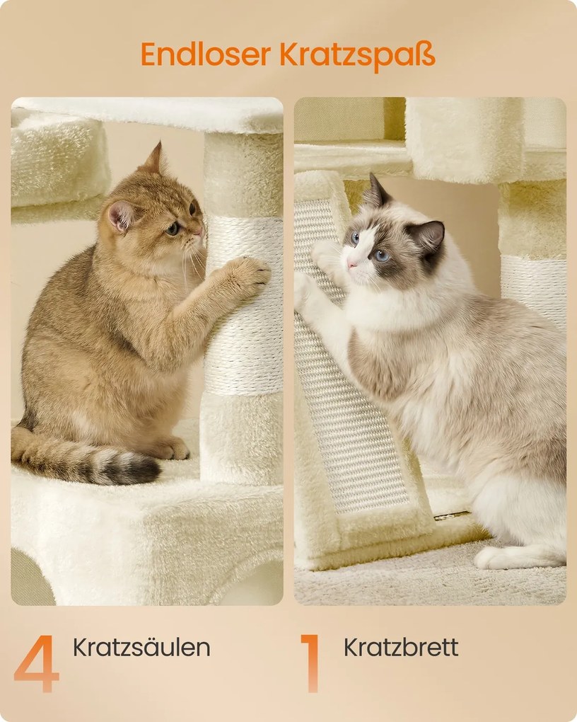 Arranhador para gatos 48 x 48 x 136 cm com 3 plataformas, cor bege