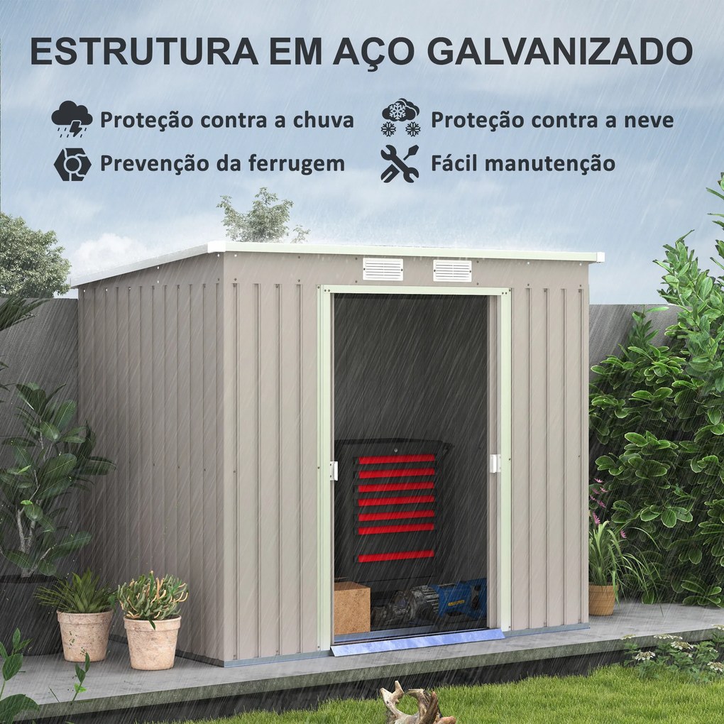 Abrigo de Jardim 213x130x172 cm Abrigo de Exterior de Aço Galvanizado com Porta Corredeira para Armazenamento Cinza Claro
