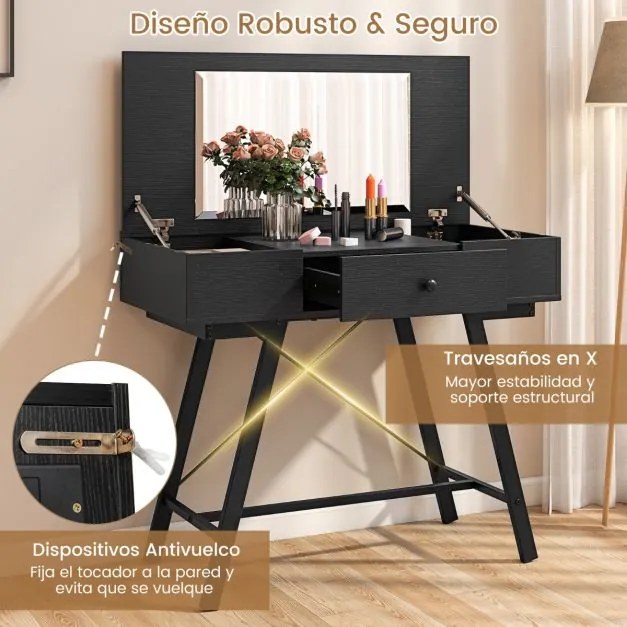 Toucador e secretaria 2 em 1 96,5 x 46,5 x 80,5 cm (BANCO NÃO INCLUIDO) com espelho rebatível, estação de carregamento e gaveta para quarto ou escritó