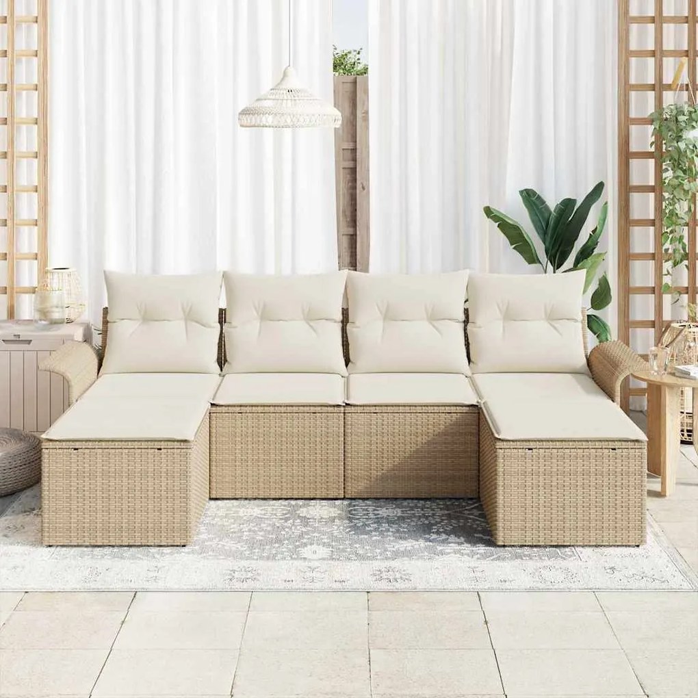 Sofá de Jardim 6 Peças com Almofadas Beiges em Rattan Sintético