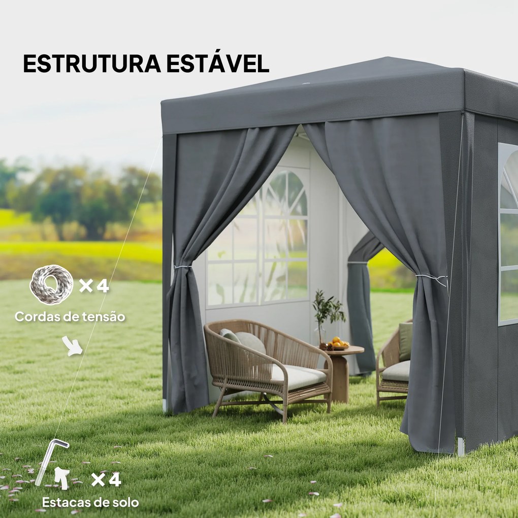 Tenda Dobrável 2x2m com 4 Paredes Laterais Tecido Oxford 2 Janelas e Saco de Transporte Anti-UV Impermeável Cinzento
