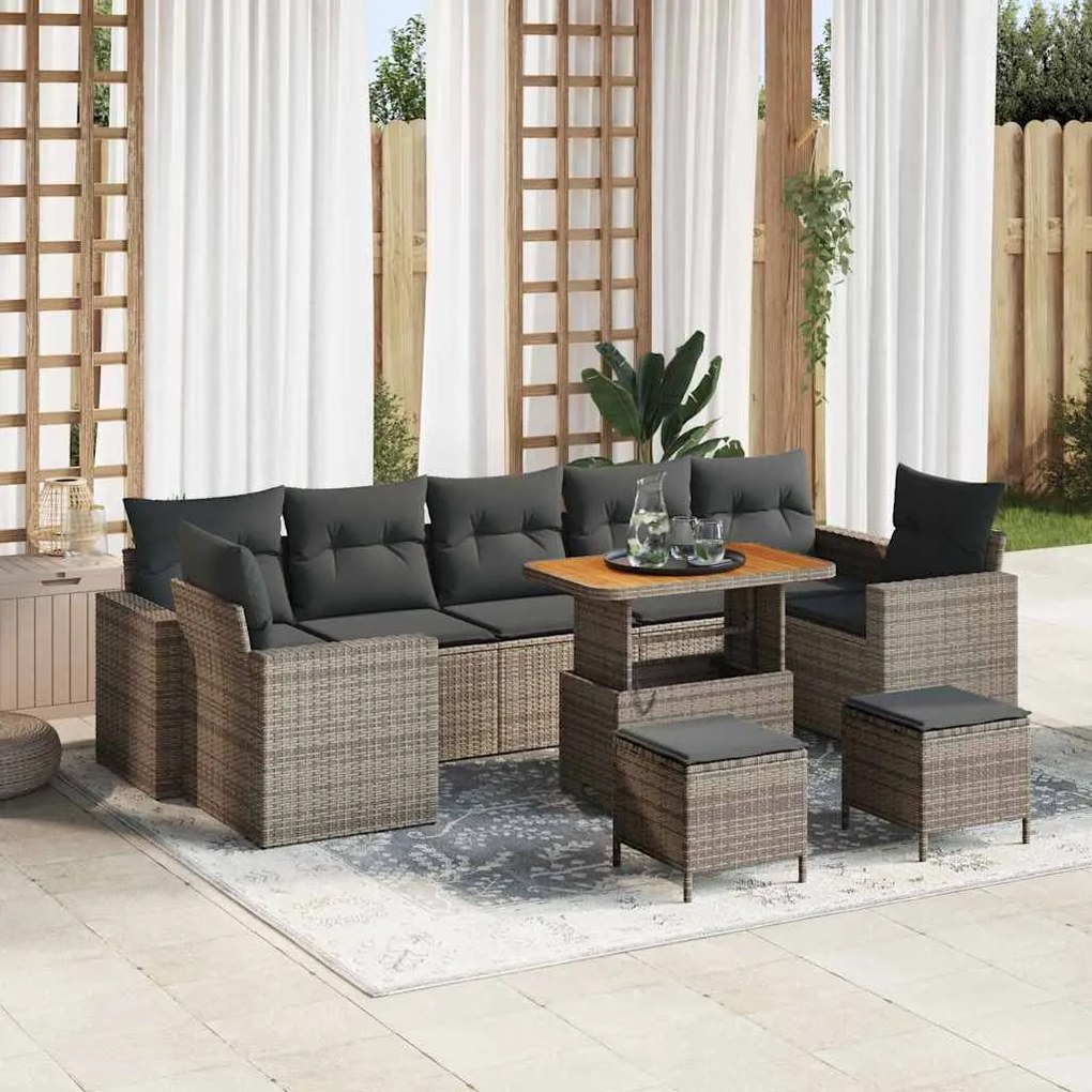 vidaXL Conjunto de Sofá de 10 Peças com Almofadas em Rattan Sintético Cinza e Madeira de Acácia